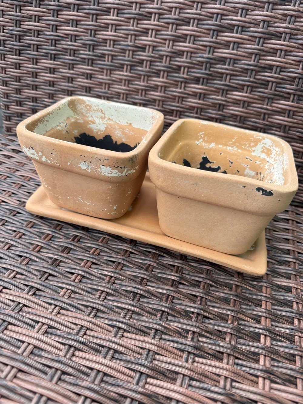Distressed Terracotta Twin Planters with Tray -3 Piece Set